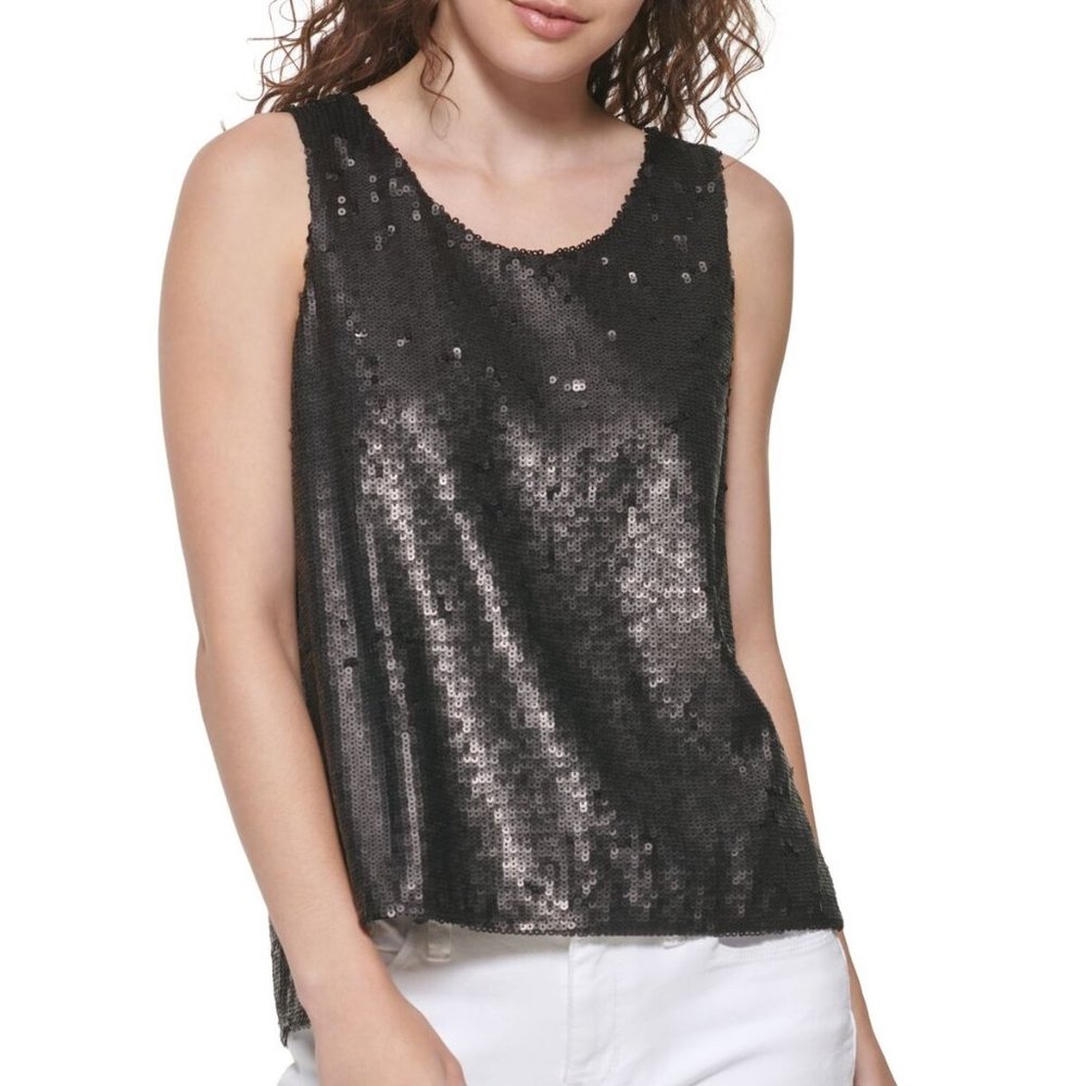 DKNY Womens Black Sequined Sleeveless Scop Neck Tank Top Shell